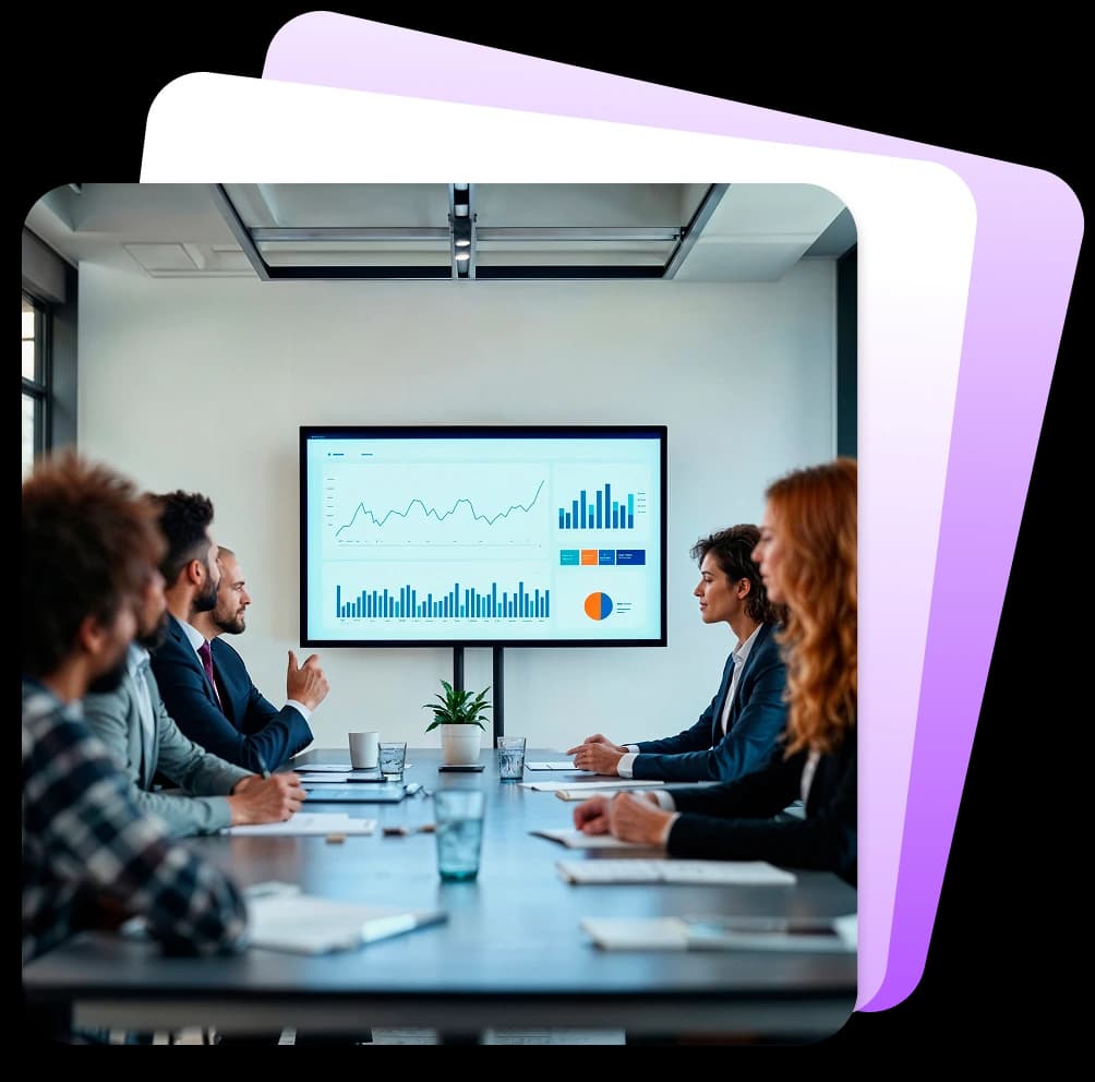 Executives in boardroom watching a financial graph presentation on screen