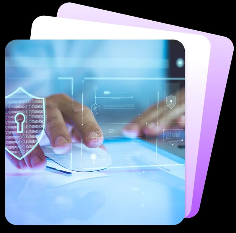 Close-up of hands interacting with digital tablet featuring holographic security interface