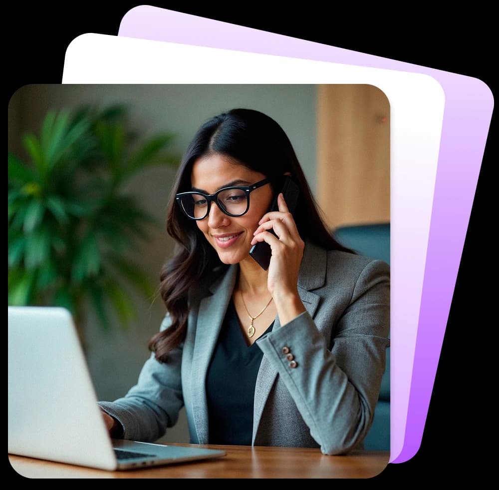 Woman in blazer multitasking on call while working on laptop