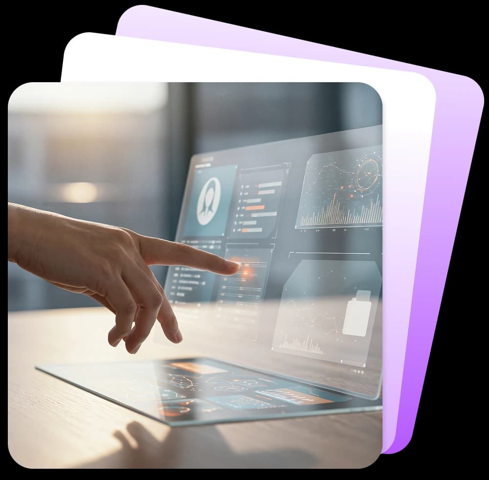 Hand interacting with digital banking interface on a transparent tablet