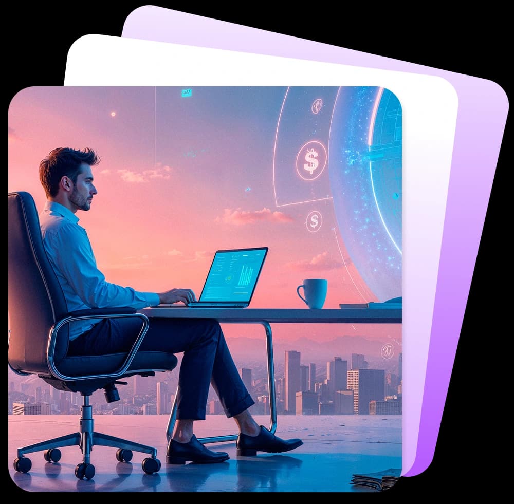 Man in futuristic office reviewing financial analytics on laptop with city view
