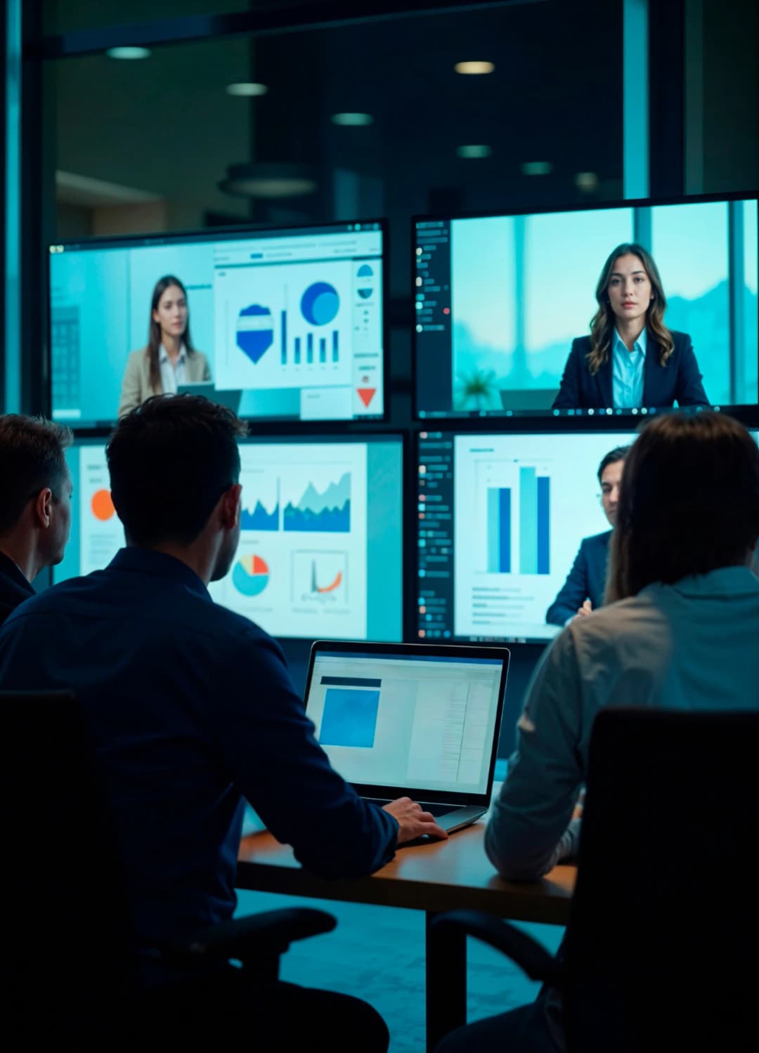 People in a meeting room attending video conference with dashboards on large screens