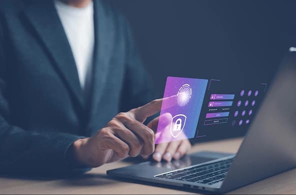Person logging into a secure system using fingerprint and holographic interface