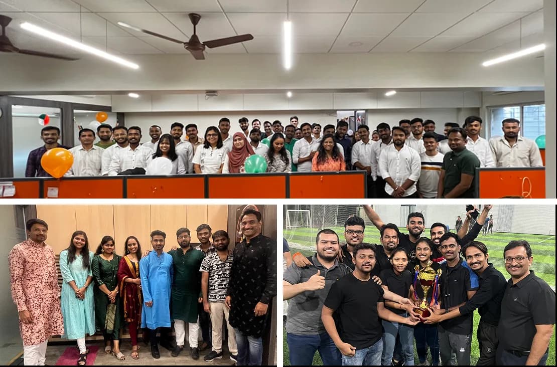 Employees in a decorated office celebrating Independence Day with tricolor balloons and flags
