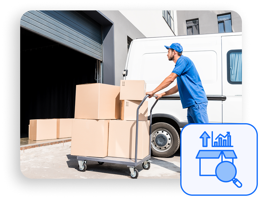 Delivery Worker with Cart of Packages Courier pushing trolley with cardboard boxes toward delivery van