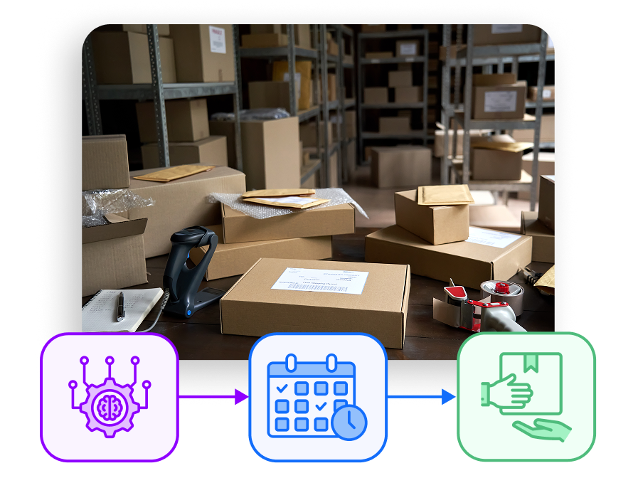 Warehouse Automation Workflow Packing boxes in warehouse with workflow icons showing automation and delivery stages