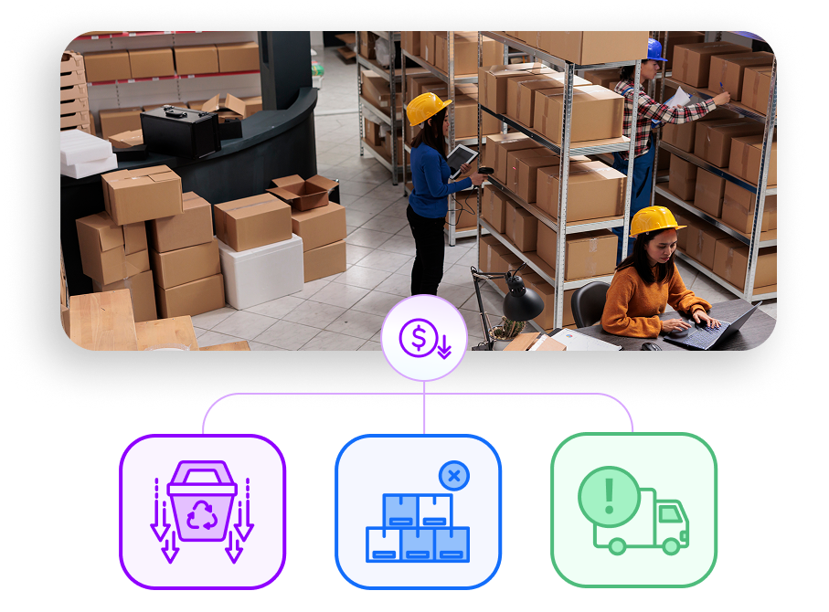 Warehouse Staff Managing Inventory Workers using laptops and scanners among shelves filled with cardboard boxes