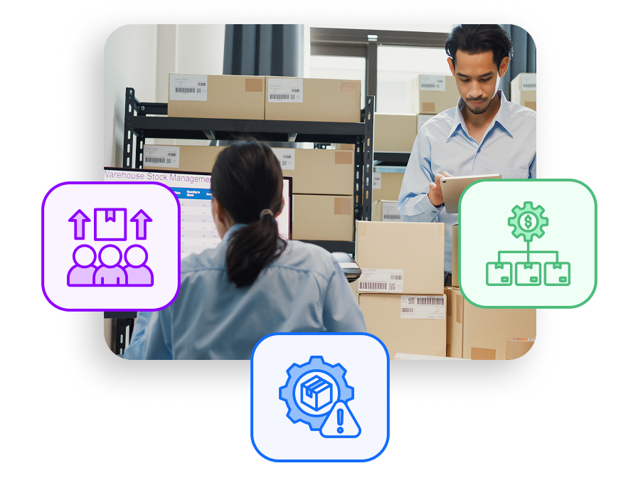 Warehouse Team Using Stock Management Software Employees in warehouse using stock management software surrounded by cardboard boxes