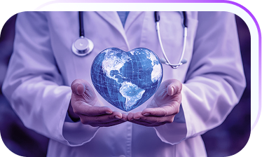 Doctor holding a glowing heart-shaped globe representing global health care